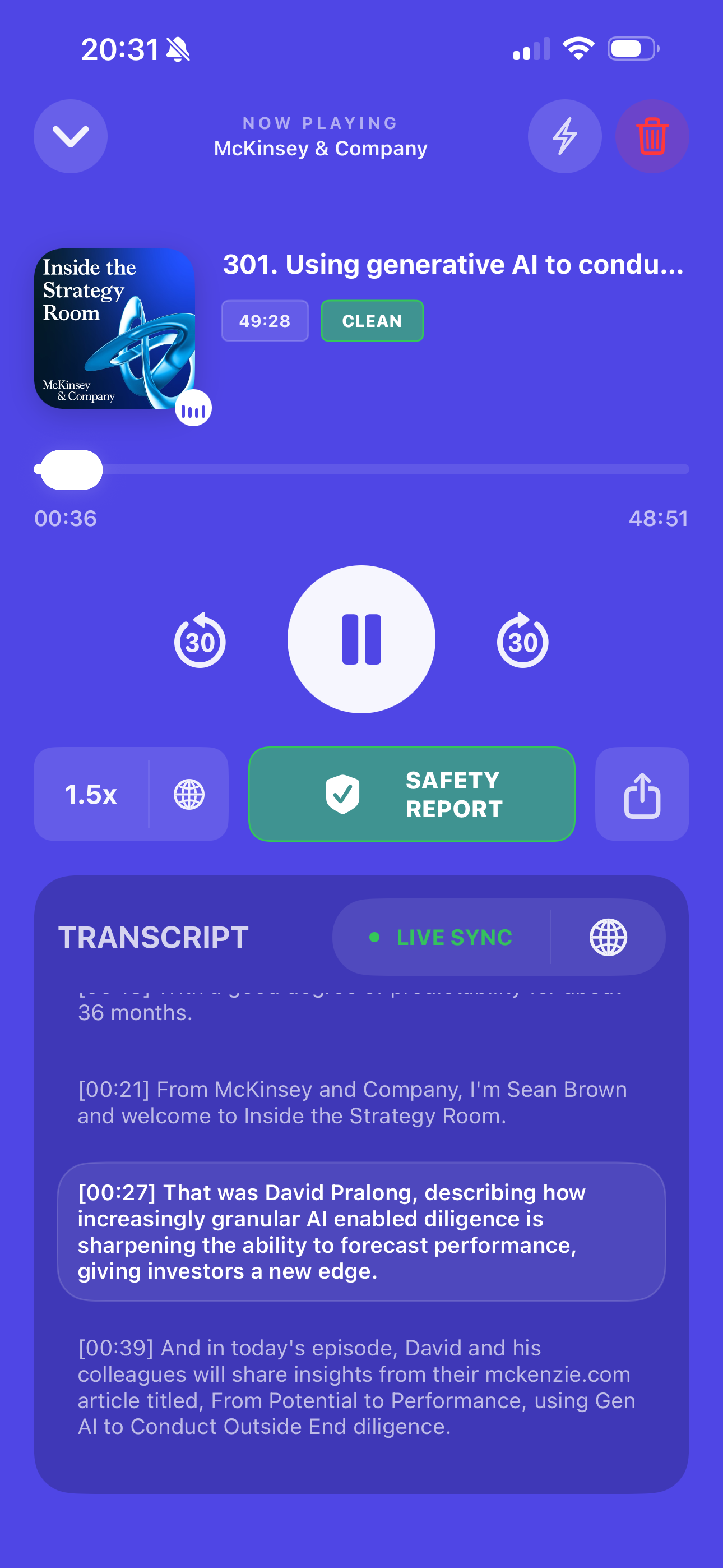 PodSafe fullscreen player showing playback controls and a visible safety pill