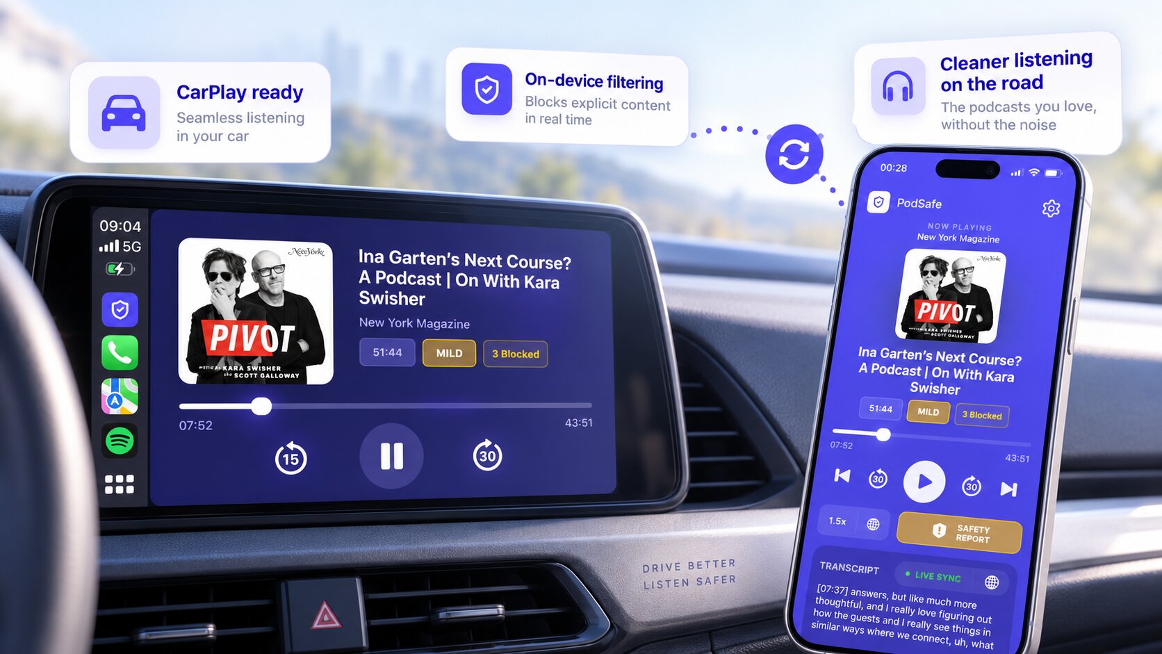 PodSafe running in CarPlay with podcast playback controls and profanity-filtering status