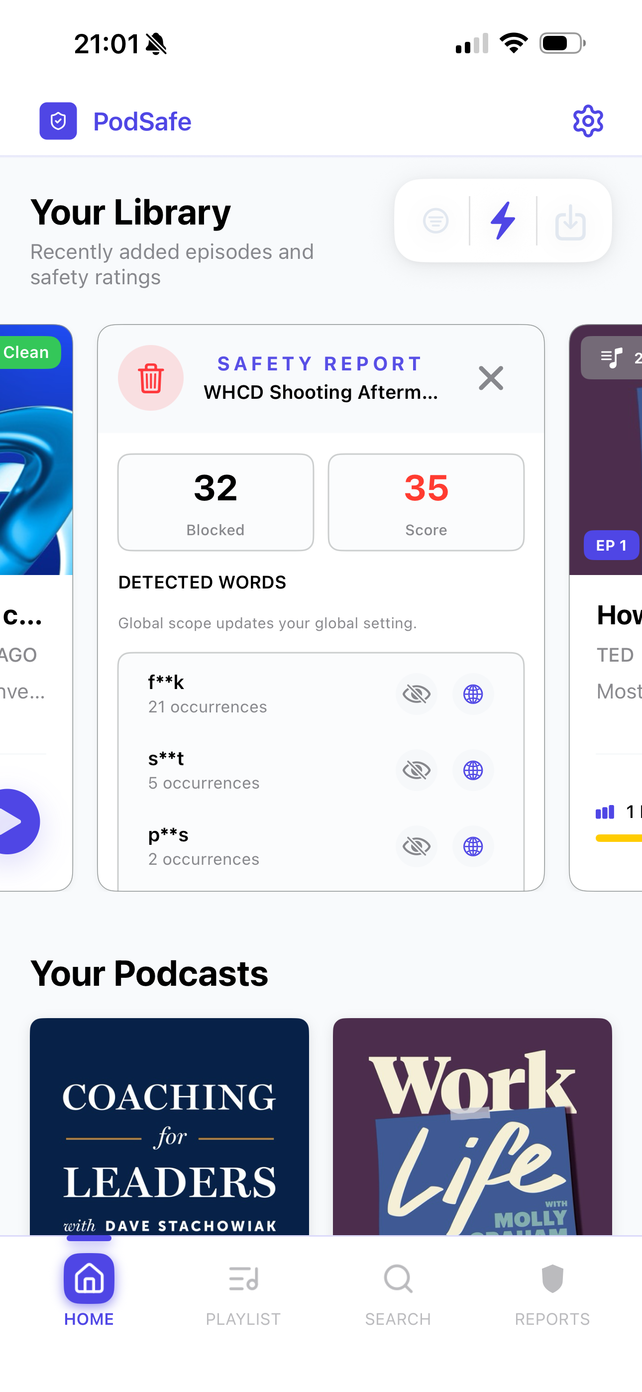 PodSafe safety report showing blocked words and transcript details